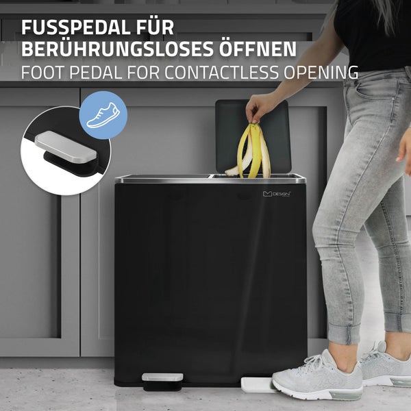 ML-Design Mülleimer Küche 2x 30L (60L), Schwarz glänzend, Mülltrennsystem 2 Fächer, Treteimer zur Mülltrennung, Abfalleimer aus Stahl, herausnehmbarer Kunststoff Inneneimer, Klappdeckel, Softclose