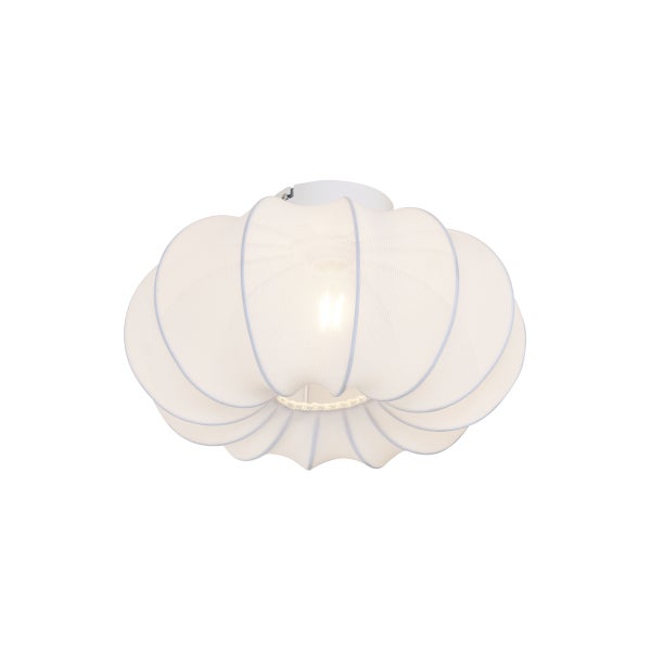 Runder Lampenschirm aus Stoff mit wellenförmigem Rand und kontrastierenden Nähten an den Streben.