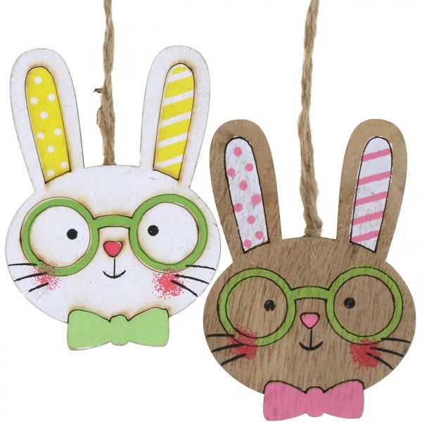 Osterhasen-Hänger aus Holz, 2 Stück, Hasenköpfe mit Brille und Fliege, Osterdekoration zum Aufhängen.