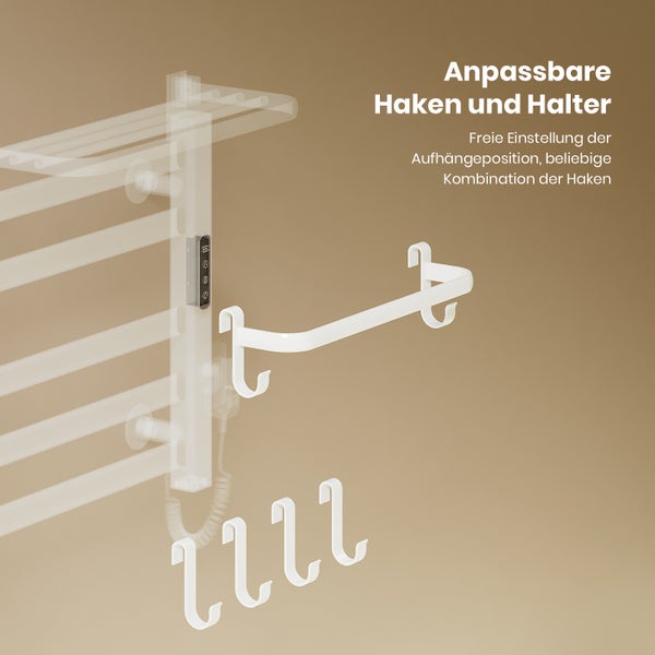 Handtuchheizkörper mit anpassbaren Haken und einem Handtuchhalter zur freien Positionierung.