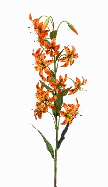 Künstliche Tigerlilie mit orangefarbenen Blüten, Knospen und grünem Stiel.