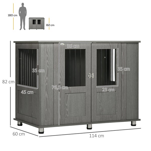 PawHut Hundekäfig für Zuhause, Haustierkäfig, Hundehütte Indoor mit Schloss, Magnettür, Hundehaus mit Fenster, Hundebox für extra große Hunde, Grau, 114 x 60 x 82 cm