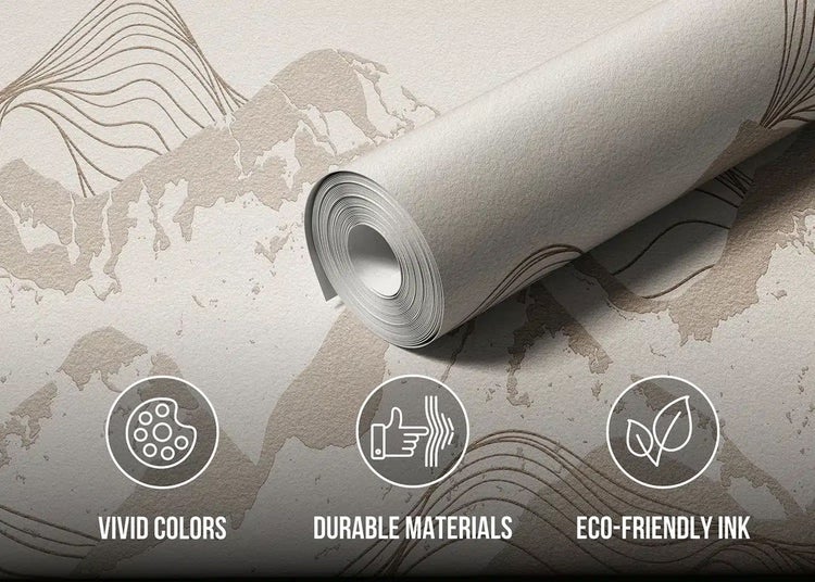 Vliestapete mit Landschaftsmuster und Berglinien sowie Symbolen für lebendige Farben, langlebige Materialien und umweltfreundliche Tinte.