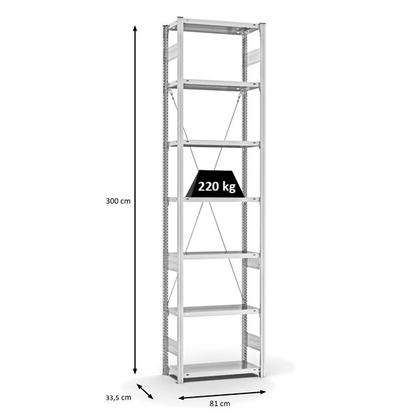 PROREGAL Fachbodenregal Stecksystem T-Profil Medium-Duty Grundregal HxBxT 300 x 75 x 30 cm 7 Ebenen Fachlast 220 kg Einseitig Nutzbar Lichtgrau