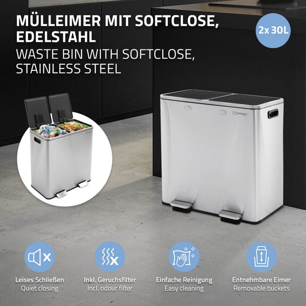 ML-Design Mülleimer Küche 2x30L (60L), Silber, Mülltrennsystem 2 Fächer, Treteimer zur Mülltrennung, Abfalleimer aus Edelstahl, herausnehmbarer Kunststoff Inneneimer, Klappdeckel, Softclose, luftdicht