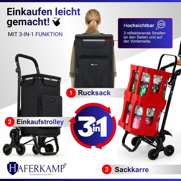Haferkamp 3 in 1 Einkaufstrolley, der als Rucksack, Einkaufstrolley und Sackkarre genutzt werden kann, mit reflektierenden Streifen für Sicherheit.