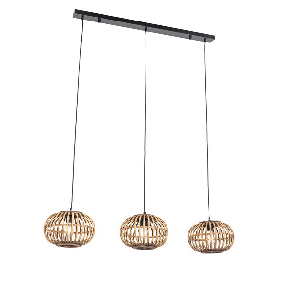 Hängelampe mit drei Lampenschirmen aus Holzlamellen