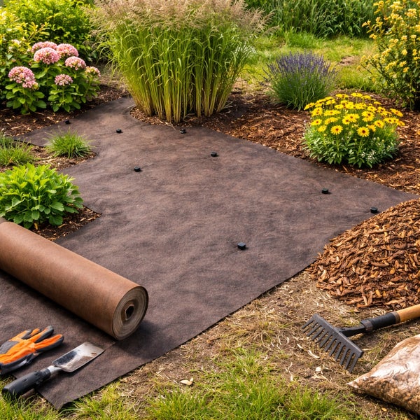 Gartenszene mit Unkrautvlies, Erdanker, Mulch und Gartengeräten zur Gartengestaltung