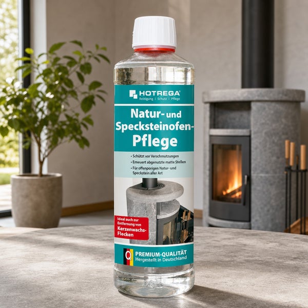 Hotrega Natur und Specksteinofen Pflege zum Schutz und zur Auffrischung von Ofenoberflächen aus Naturstein in einer Kunststoffflasche.