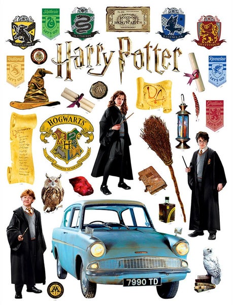 Wandsticker Set Harry Potter mit Harry Potter Logo, Harry, Hermine, Ron, Hogwarts-Wappen, fliegendem Auto und magischen Gegenständen.