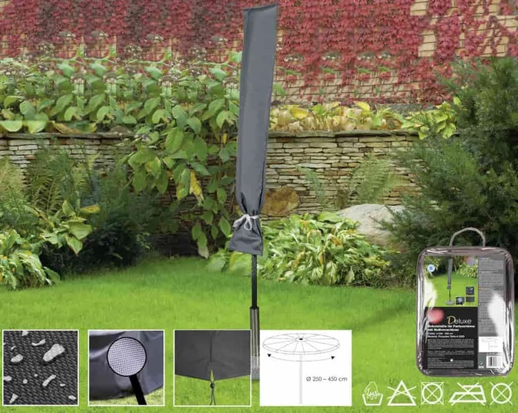Schutzhülle für Ampelschirme in einem Garten mit Detailansichten zur Materialbeschaffenheit und zur Befestigung am Schirmständer.