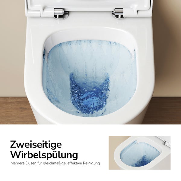 Spülrandloses WC mit zweiseitiger Wirbelspülung für eine effektive Reinigung der Keramikschüssel.