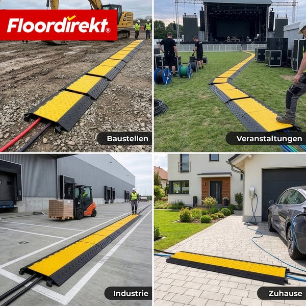 Floordirekt Logo. Collage zeigt den organisierten Einsatz von Kabelbrücken aus Gummi auf Baustellen, bei Events, in der Industrie und zu Hause.