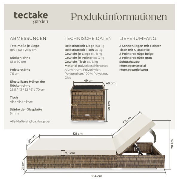 2er Set Rattan Sonnenliegen tectake  wetterfest und UV-beständig mit Aluminiumgestell natur