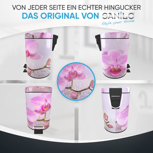 Sanilo Treteimer mit Orchideenmuster aus verschiedenen Perspektiven