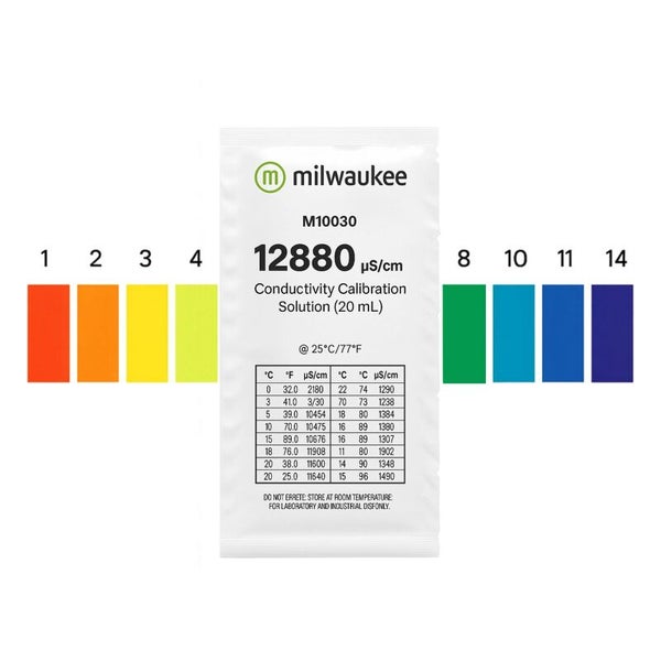 Milwaukee Logo, M10030 12880 Mikrosiemens pro Zentimeter Leitfähigkeitskalibrierlösung (20 ml), Farbskala.