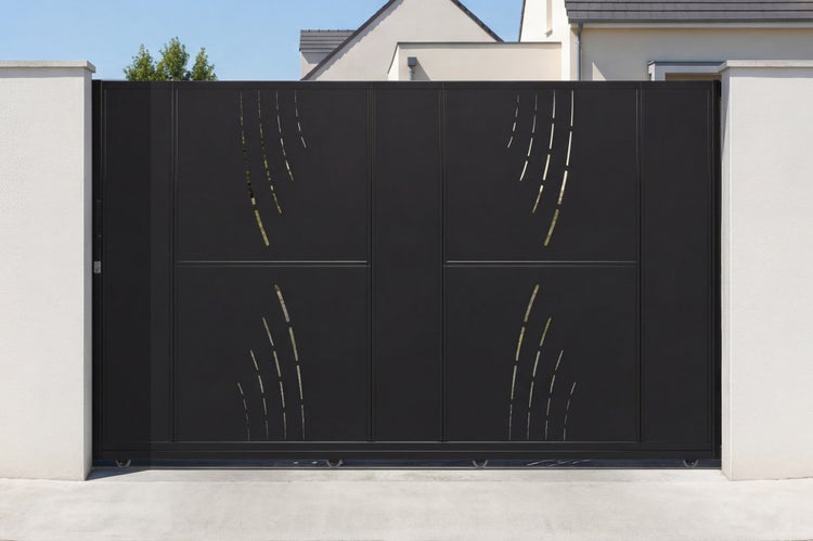 Modernes Schiebetor aus dunklem Metall mit dekorativem Linienmuster, montiert zwischen zwei weißen Pfeilern.