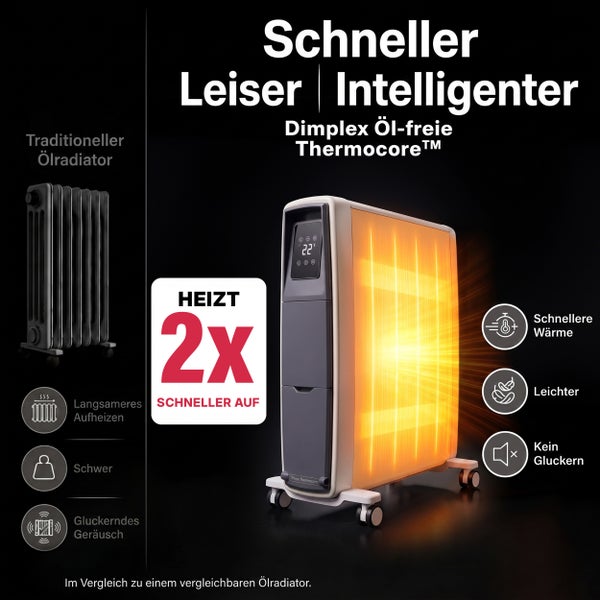 Vergleichsgrafik zwischen einem traditionellen Ölradiator und einem ölfreien Dimplex Thermocore Heizgerät mit Leistungsmerkmalen.