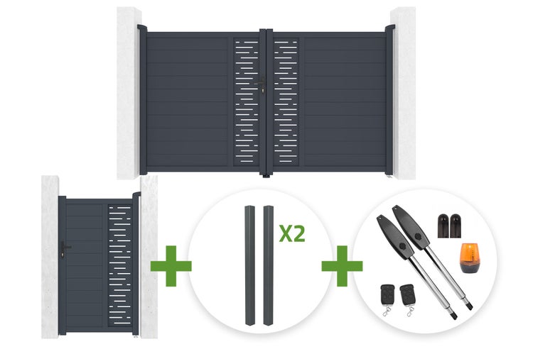 Aluminium-Torset inklusive Doppelflügeltor, Gartentür, zwei Pfosten und elektrischem Torantrieb mit Zubehör.
