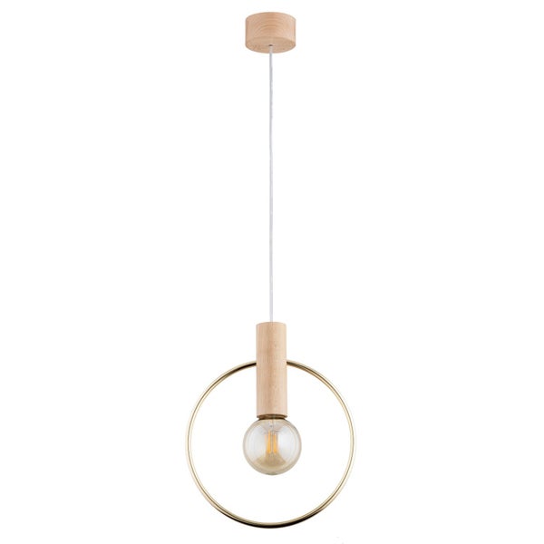 Moderne Hängeleuchte mit Holzdetails und einem runden Metallring als dekoratives Element für eine stilvolle Innenbeleuchtung.