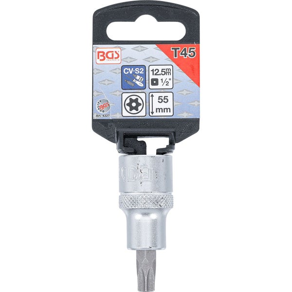 BGS Bit-Einsatz Antrieb Innenvierkant 12,5 mm (1/2) T-Profil (für Torx) mit Bohrung T45 - 4327