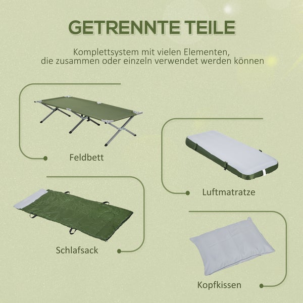 Outsunny Feldbett klappbar Campingbett mit Kopfkissen Matratze Tragetasche Pumpe 193 x 78 cm Gästebett belastbar bis 120 kg Campingliege für Erwachsene Klappbett für Camping Outdoor Reisen Grün