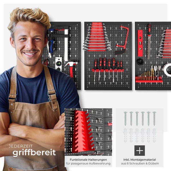 Werkzeuglochwand tectake  120 x 3 x 60 cm dreiteilig, aus Stahl schwarz/rot