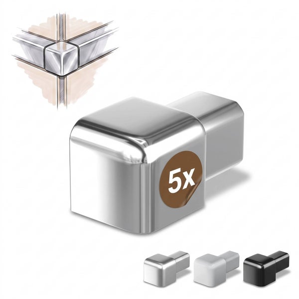 Set mit 5 Eckverbindern für Fliesenprofile, Metall, glänzend, zur Verbindung von Kantenschutzprofilen an Außenecken.