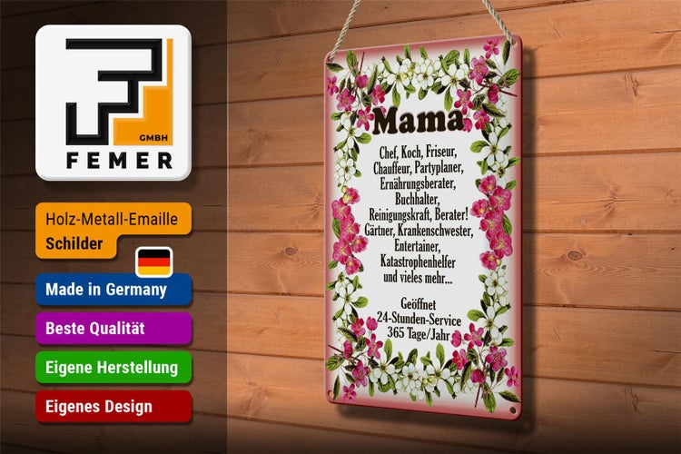 Blechschild Spruch 20x30cm Mama Chef Koch Friseur Blumen