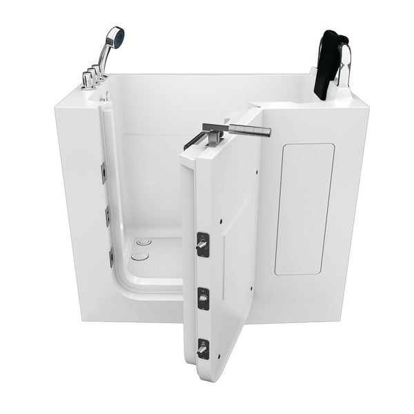Begehbare Badewanne mit offener Tür, Duschkopf und Sicherheitsgriffen