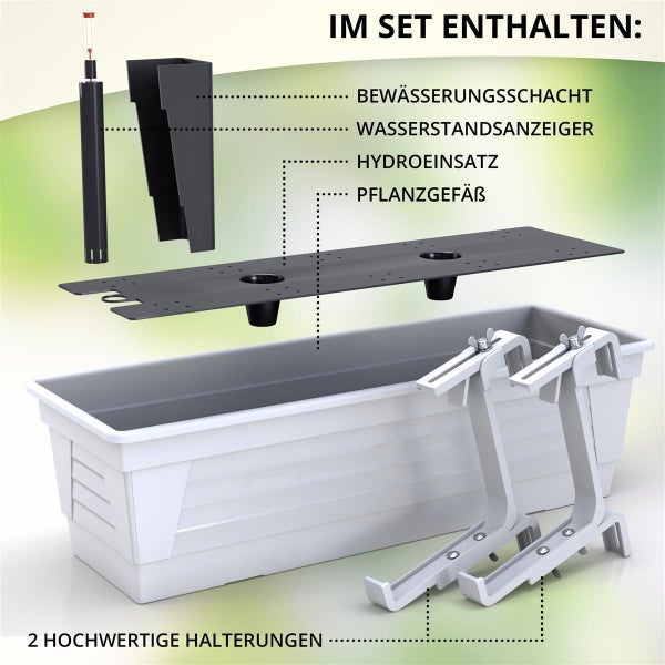 Plastard Blumenkasten 60 x 21 x 17 cm Weiß mit Hydroeinsatz, Wasserstandsanzeiger und passender Halterung