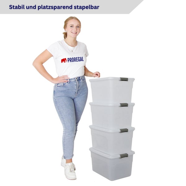 Stapelbare Aufbewahrungsboxen aus Kunststoff neben einer Frau