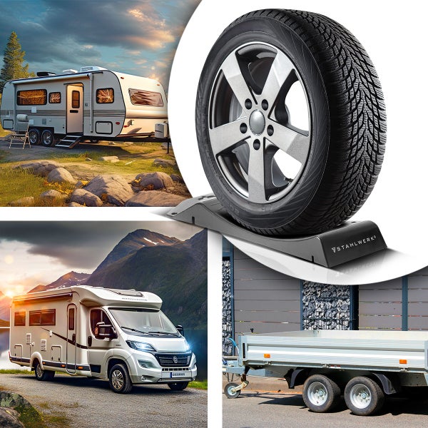 Collage verschiedener Wohnwagen, Reisemobile, Anhänger und einem Reifenset mit Auffahrkeilen