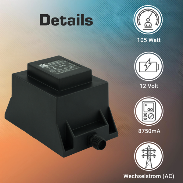 Schwarzer Wechselstrom-Transformator mit 105 Watt, 12 Volt und 8750 Milliampere für den Außenbereich Schutzart IP44.