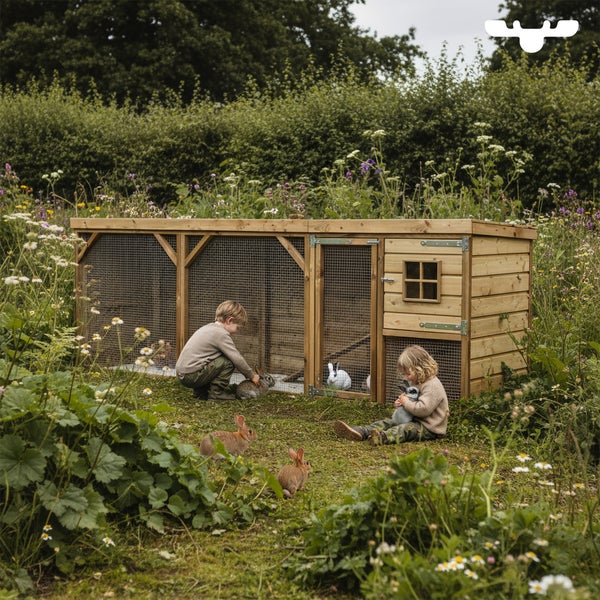 Großer Hasenstall aus Holz mit zwei Kindern und mehreren Hasen im Garten.