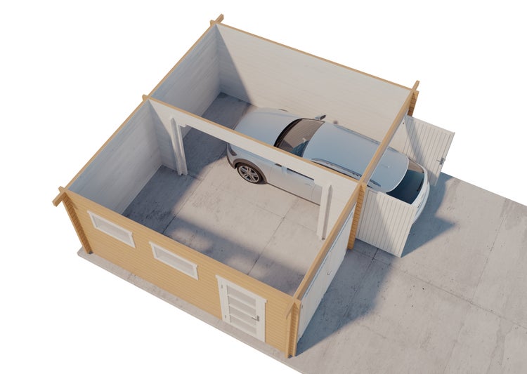 Draufsicht einer Holzhütte mit Autoabstellplatz und abschließbarem Geräteschuppen