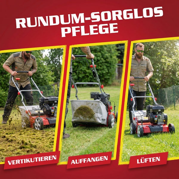 Szene mit einem Rasenlüfter zur Rasenpflege, der zum Vertikutieren, Auffangen und Lüften verwendet wird