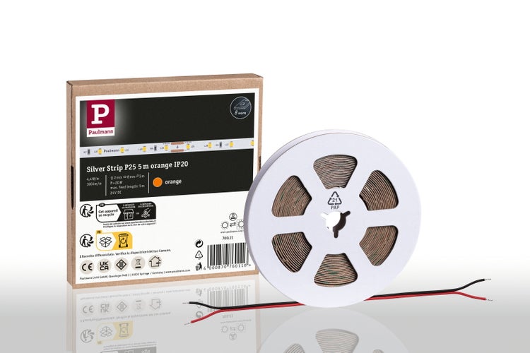 Paulmann LED-Streifen Silver Strip P25, 5 Meter, orange, IP20, auf Rolle mit Anschlusskabeln und Originalverpackung mit Paulmann Logo.