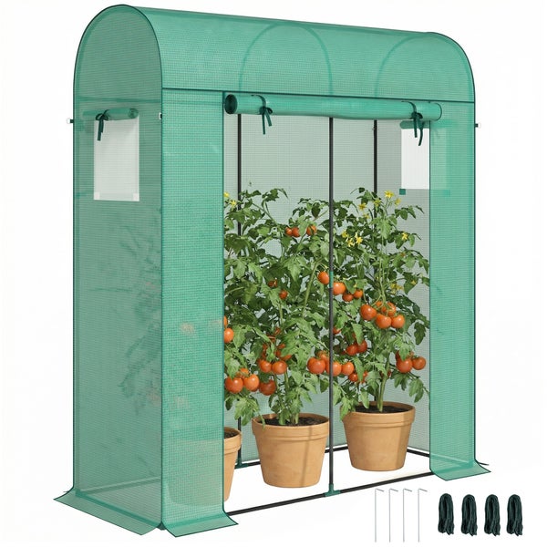 Tomatengewächshaus mit grüner Gitterfolie, Rundbogendach, aufrollbarer Front und Tomatenpflanzen in Töpfen sowie Erdnägeln.