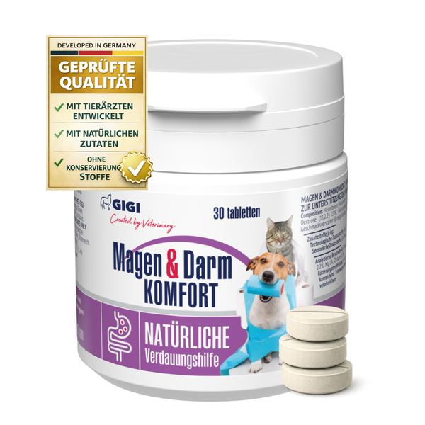 GIGI Magen und Darm Komfort, natürliche Verdauungshilfe für Hunde und Katzen, 30 Tabletten in weißer Kunststoffdose.