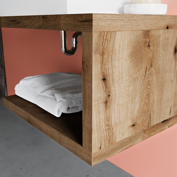 Badmöbel in Holzoptik Eiche 80cm mit Waschbecken und Ablage | Lagos