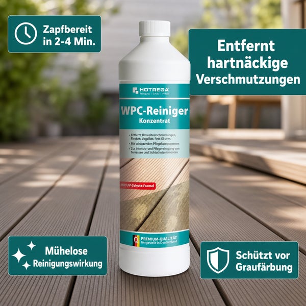 Hotrega WPC Reiniger Konzentrat in der Flasche zur Intensivreinigung und Pflege von Terrassen und Sichtschutzelementen mit UV Schutz Formel.