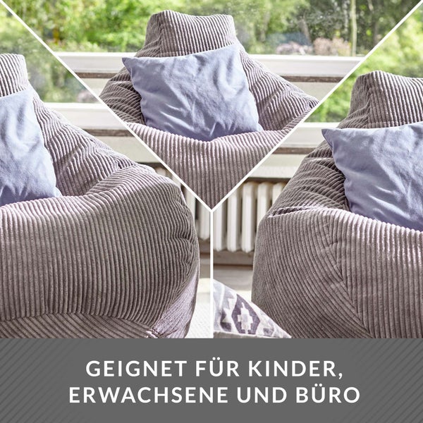 Green Bean Sitzsack mit Rückenlehne 80x80x90cm - Gaming Chair mit 230L Füllung Cordstoff - Bean Bag Bodenkissen Lounge Sitzhocker Relax-Sessel Gamer Gamingstuhl Hellgrau