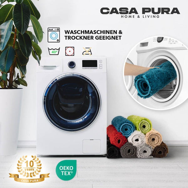 Waschmaschinengeeignete und trocknergeeignete Teppiche vor Waschmaschine und in Waschmaschine