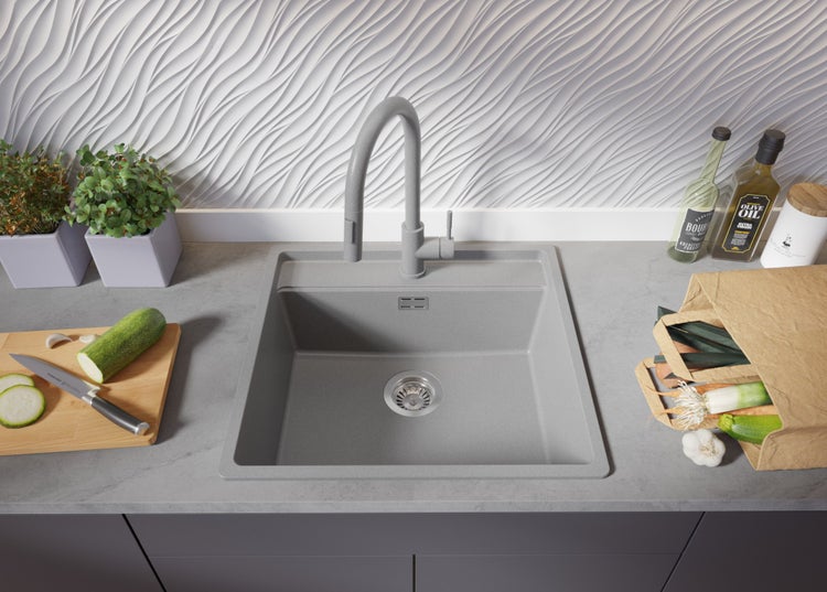 PRIMAGRAN Eckspüle Grau 56x53cm, Granitspüle 1 Becken + Ablauf-Set + Schneidebrett, Küchenspüle ab 60er Unterschrank - Bergen