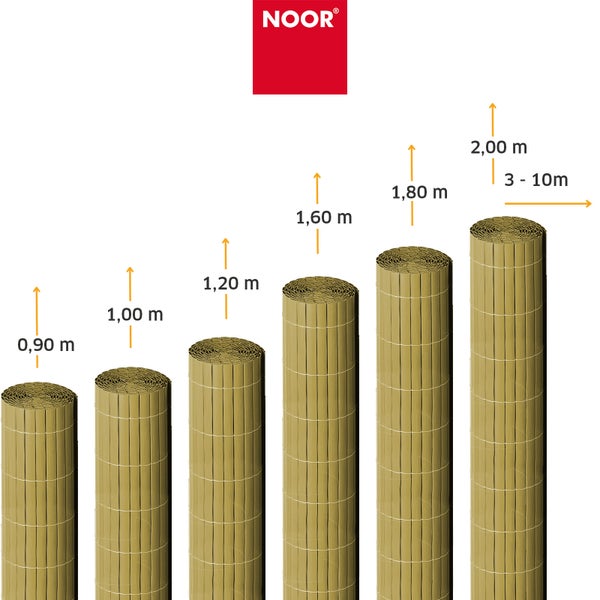 Noor Logo mit verschiedenen Sichtschutzmatten Rollen in unterschiedlichen Hoehen von 0,90 Meter bis 2,00 Meter und Laengen von 3 bis 10 Meter.