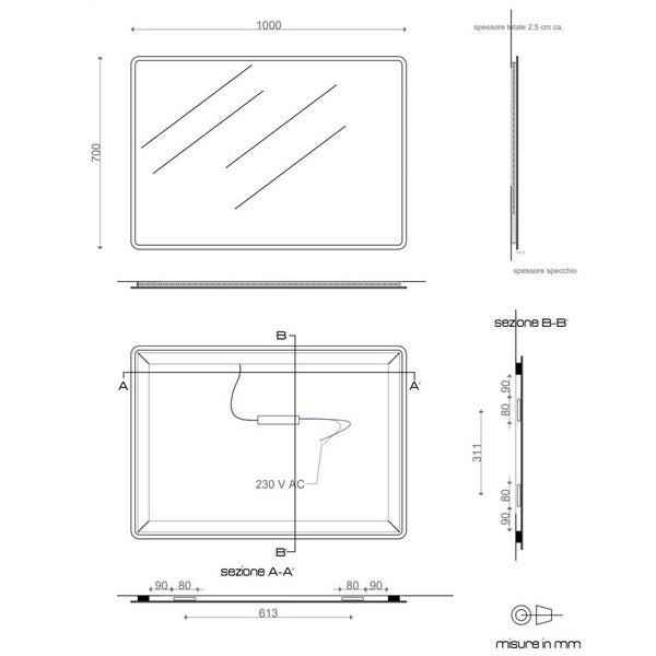 Spiegel mit integriertem LED 100x70 mit Aluminiumrahmen