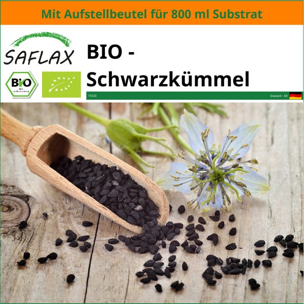 SAFLAX Garden in the bag - BIO - Schwarzkümmel - Nigella sativa - 300 Samen - Mit Anzuchtsubstrat im praktischen, selbst aufstellenden Beutel