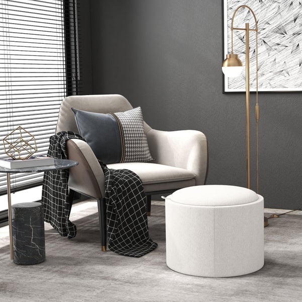 HOMCOM Sitzhocker mit Stauraum Hocker mit Klappdeckel, Runder Fußhocker Sitzwürfel Aufbewahrungsbox Polsterhocker, Leinenoptik 56 x 42 x 42 cm Cremeweiß