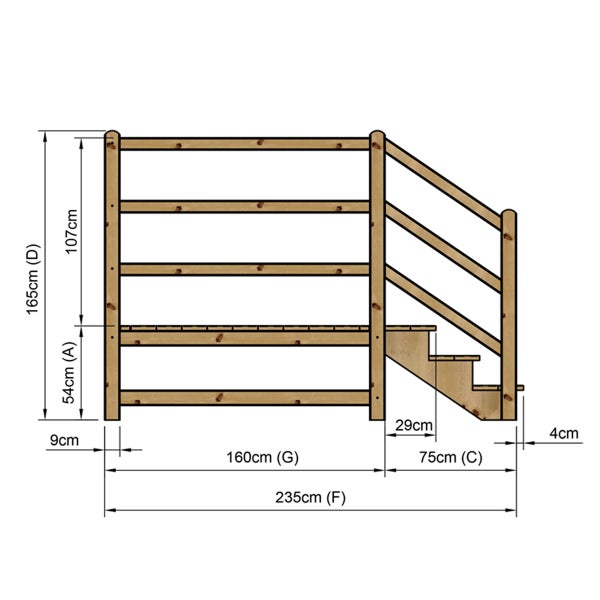 Technische Zeichnung eines Hochbett-Treppenturms mit Maßangaben